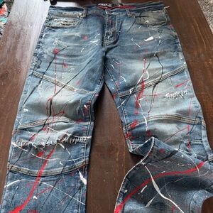 Preme Distressed Blue Jeans with Red and White Paint Splatter 34x32